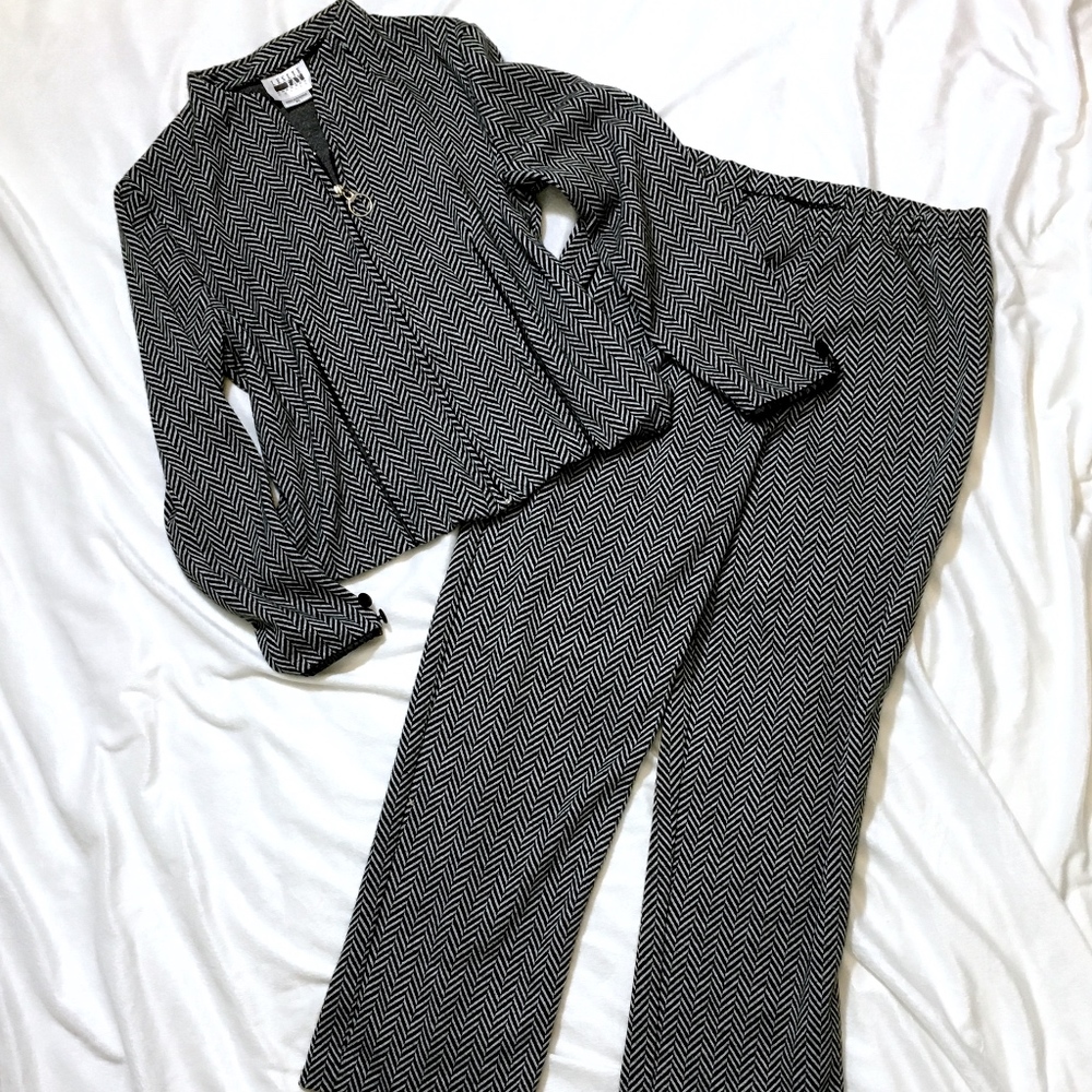 Herringbone Jacket & Pant Set /Faux Leather Detail